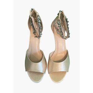 Gold Satin Open-Toe Wedge Sandals With Rhinestone Ankle Strap & Back Zipper Clos